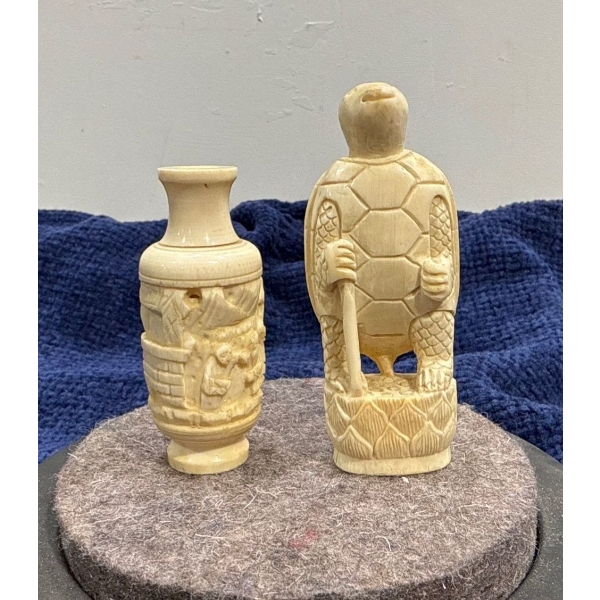 Carved Ox Bone and Turtle Snuff Bottles 2.5H & 3.25H