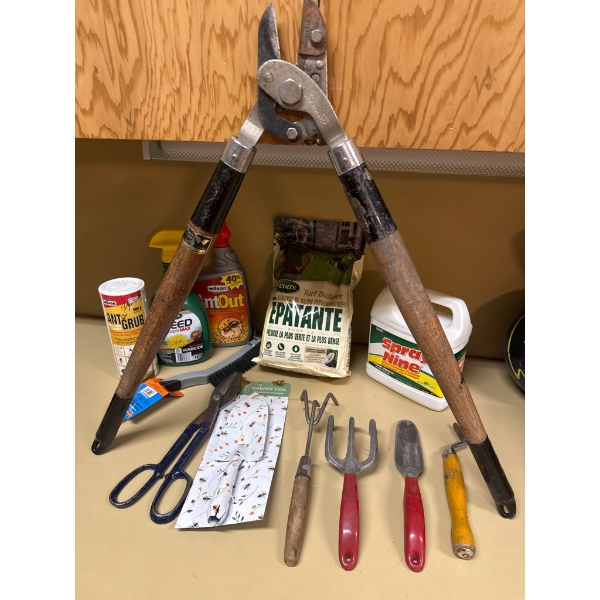 Garden Tool and Lawn Care Lot Featuring Scotts Turf Builder and Yard Essentials