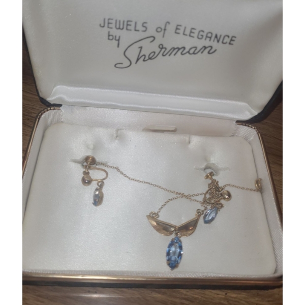 Necklace and Clip-On Earrings w/ Blue Stone, Not Stamped
