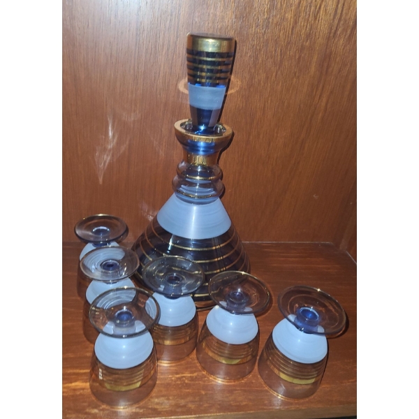 Vintage Blue Glass Decanter 12 T and 6 Glasses 