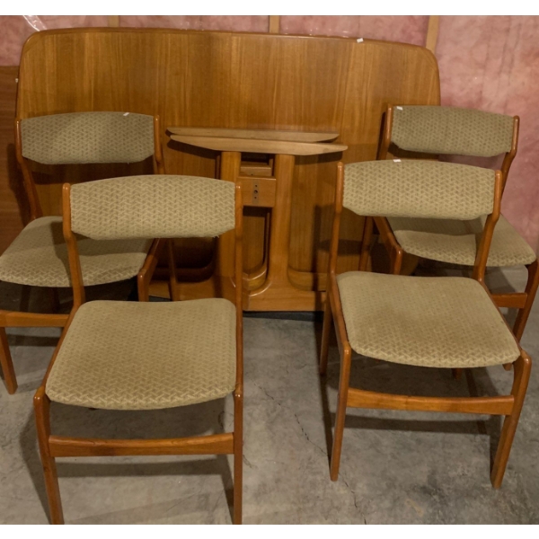 Mid Century Teak Dining Table Set w/ 4 Upholstered Chairs