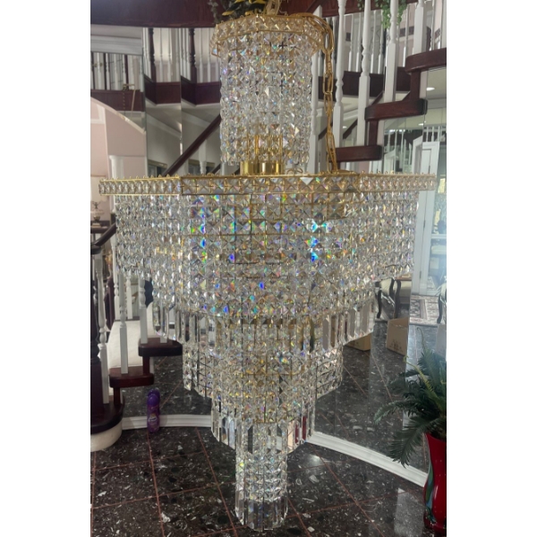 Extra Large Luxury Bell Shaped Ornate Crystal Chandelier w/Gold-toned Frame- Cascading Prisms