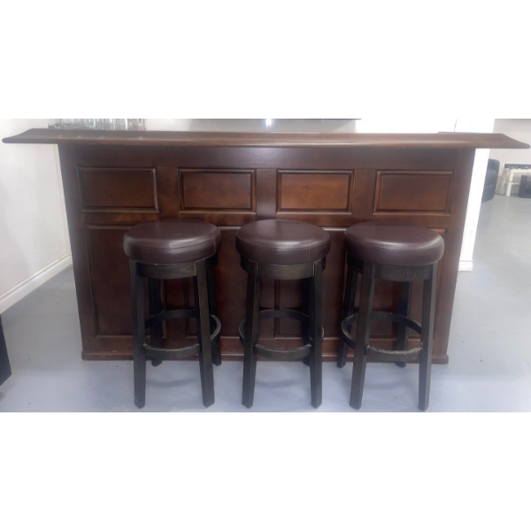 Unique Portable Wooden Bar w/Trio of Stools + RCA Mini Fridge (Great Cond)