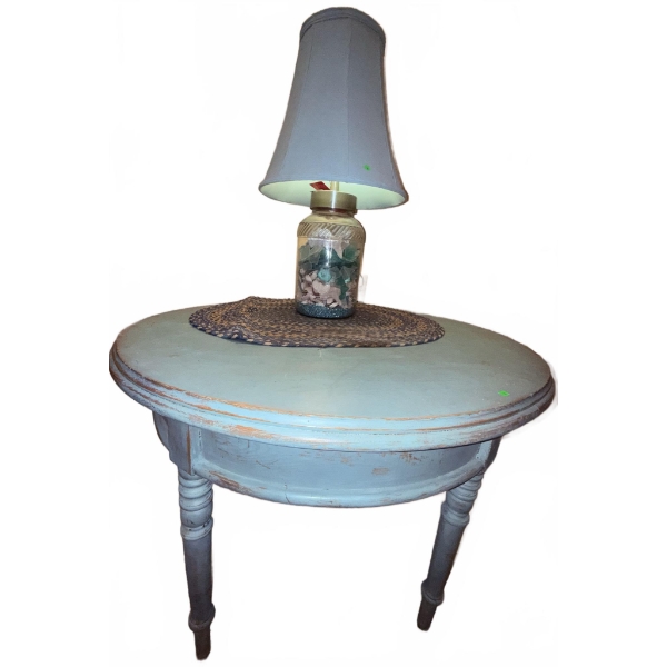 Round Painted Wood Table and Glass Seashell Lamp