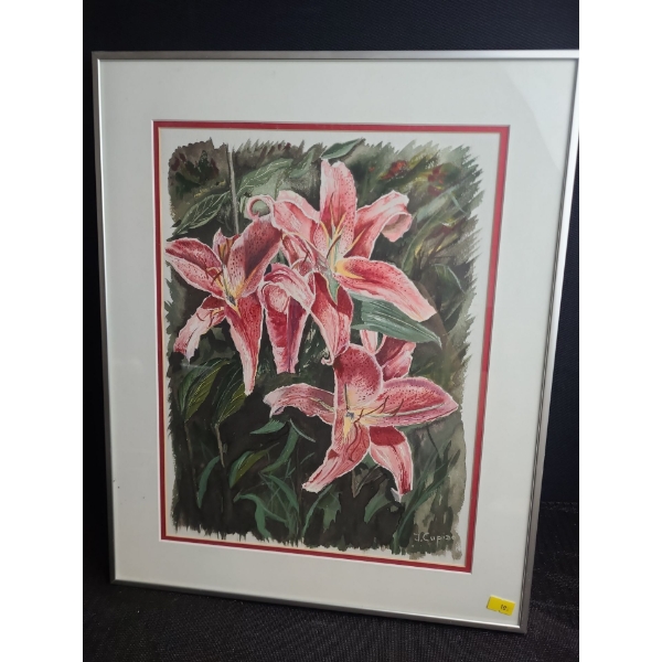 Lillies Painting, Signed: J. Cupido , Framed Under Glass, 15.5 X 19