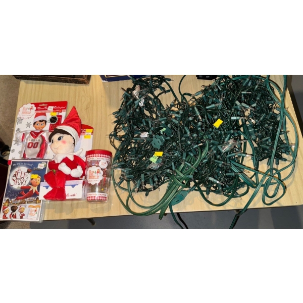 Holiday Items Including Lights, Elvish Items, and a Large Artificial Tree 5 Feet Wide, 10 Feet Tall