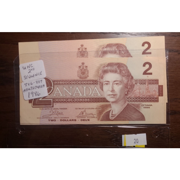 Bank of Canada 1986- $2 Sequential Bills ARU9274886/ 87