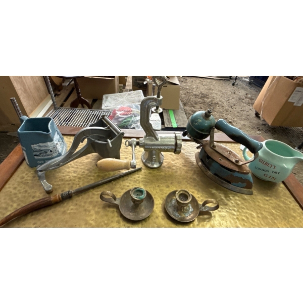 Old Collectibles From Gramma's Attic-Pork Grinder, Iron, Glass Jugs & More