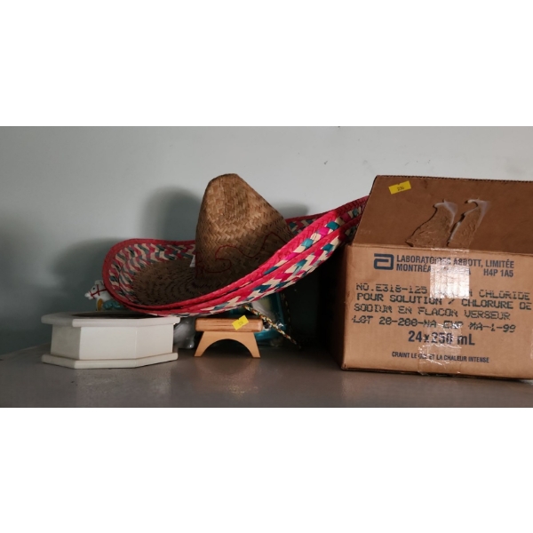 Box of Assorted Minis Including: Clown 6 T, Toy Esso Gas Station w/ Vehicles, Sombreros and More!