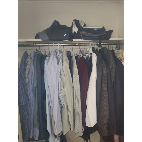 Contents of Closet Various Sizes Including: Shirts Sizes L/ XL/ XXL, Suit Jackets, and More!