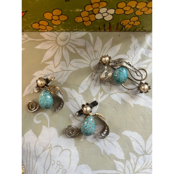 3x West German Silver Tone Brooch/Pin W/Faux Turquoise & Pearl 2" Long Vintage