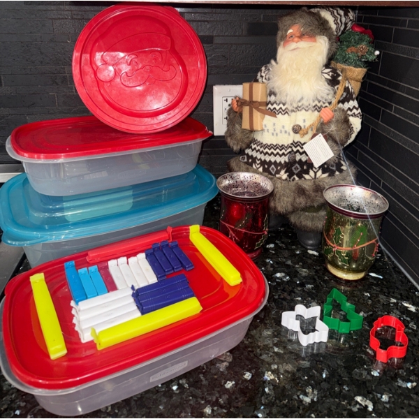 Decorative Santa Figurine In A Patterned Sweater w/ Kitchen Containers & Storage Clips
