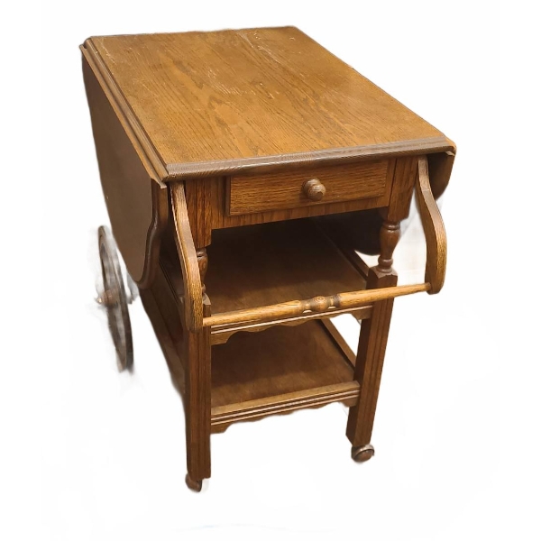 Wooden Drop Leaf Tea Cart with Drawer and Wheels