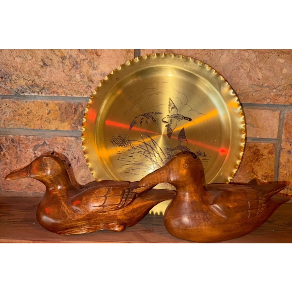 Hand Carved Folk Art Wooden Duck Decoys & Brass Wall Hanging Plate