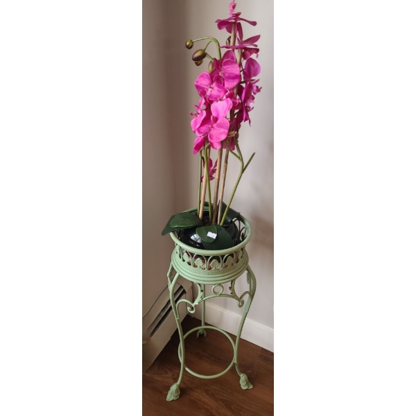 Metal Plantstand 9" Diameter, 25 T and Faux Orchid Plant 23 T 