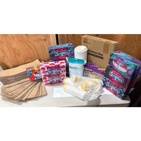 Household Items: Kleenex, Kitchen Bags, Cava Mask, and Paper Bags