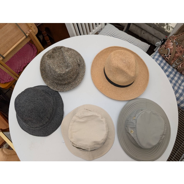 Five Assorted Hats Including Straw, Bucket, and Tweed Styles
