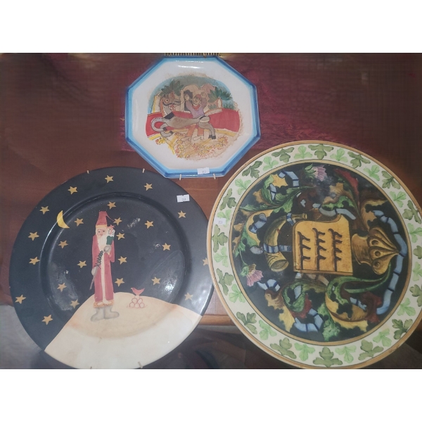Plates- Largest w/ Green Leaf Border 16", Santa Plate 13", Donkey Plate 10" -Diameters