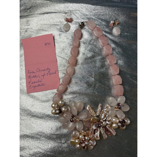 Stunning Handmade Rose Quartz and Mother of Pearl Floral Necklace with Matching Earrings