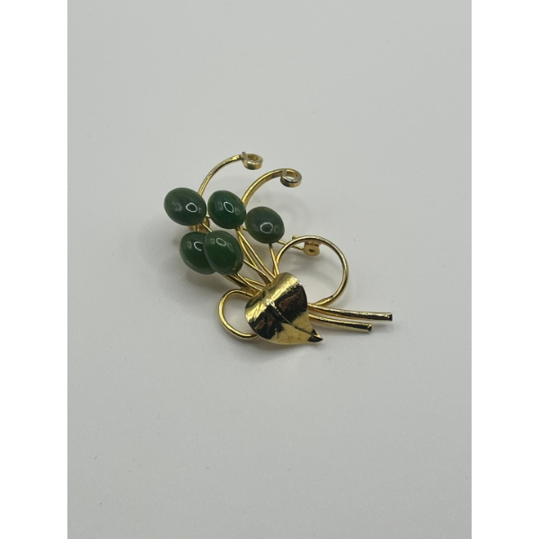 Vintage Branch Gold Tone With Green Jade Stones Brooch, 