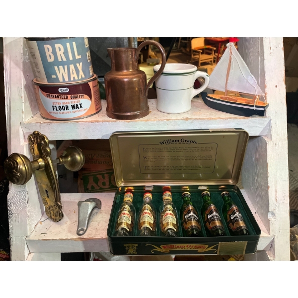  brass door handles, mini sail ship, Great  miniature collection of William Grants scotch whiskey 6 