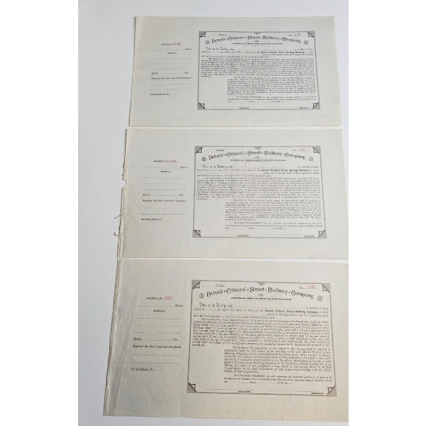 Uissued Capital Stock Certificates For The Detroit Citizens' Street Railway Company 1890s.