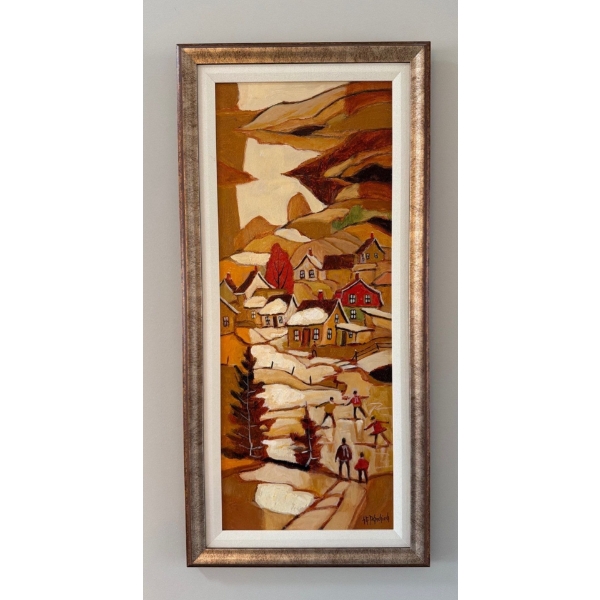 Original Oil Painting By Canadian Artist Jean-Guy Desrosiers Landscape of A Whimsical Snowbound Vill