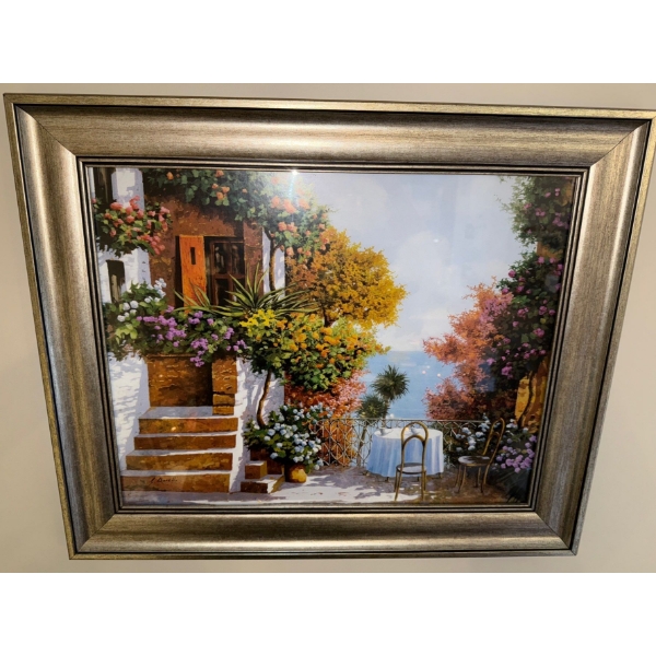 Framed Landscape Art - Scenic Canal w/ Both Boats & City Landscape 46x26