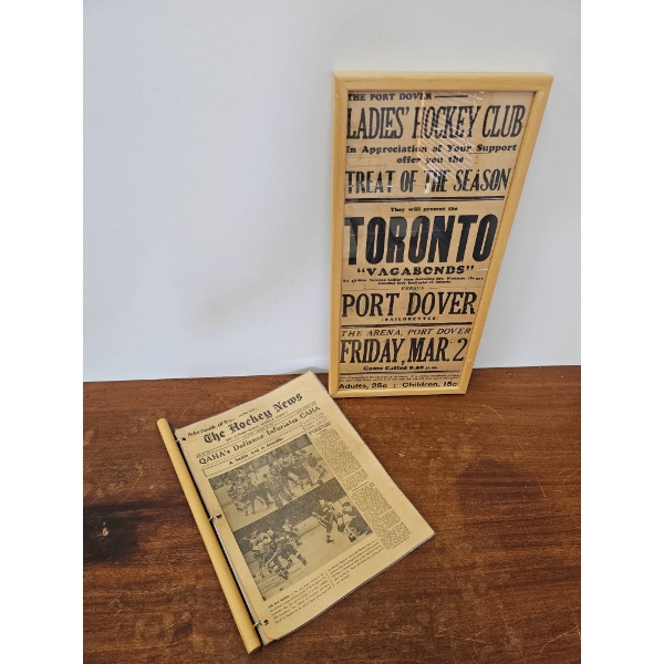 Framed Antique Ladies Port Dover Hockey Club Poster and Antique Hockey News Collection