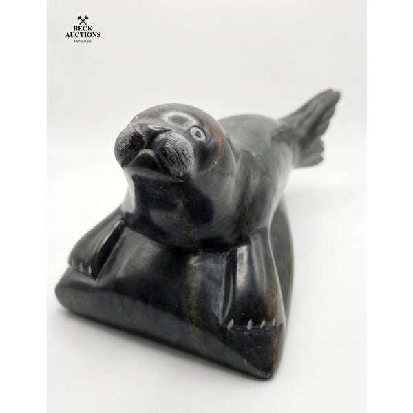 Hand-Carved Inuit Soapstone Sculpture Of A Seal 5''INCHES H 8''INCHES WIDTH.
