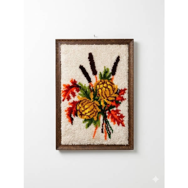 Large Framed Floral Latch Hook Wall Hanging With Yellow Chrysanthemums