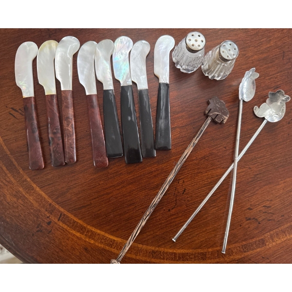 Albalone & Rosewood Handled Butter Knives w/ Assorted Barware Utensils 