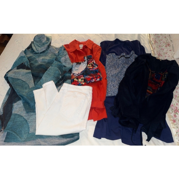 Ladies Outerwear - Over Sized Hoody White Capris Printed Tops & more Size L