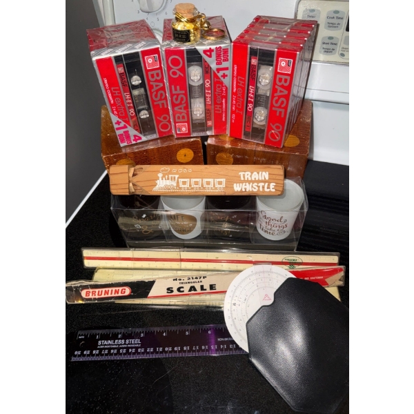 Junk Drawer Finds - Legit Sounding Train Whistle New Cassette Tape Packs Large Wood Dice & more