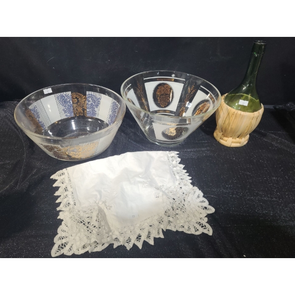 Glass Bowls & Cane Basket Wine Decanter
