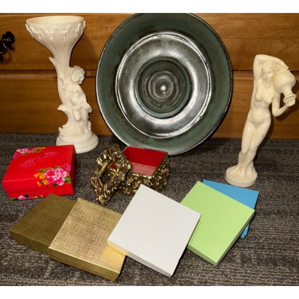 Collectible Nic Naks - Stoneware Pottery Chip & Dip Bowl Gold Trinket Box Santini Statues & more