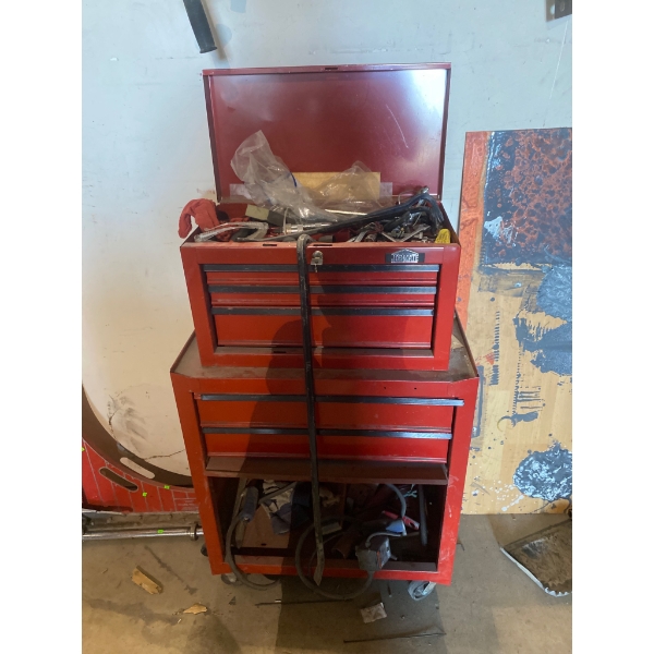 Red Metal Tool Chest with Assorted Tools and Accessories
