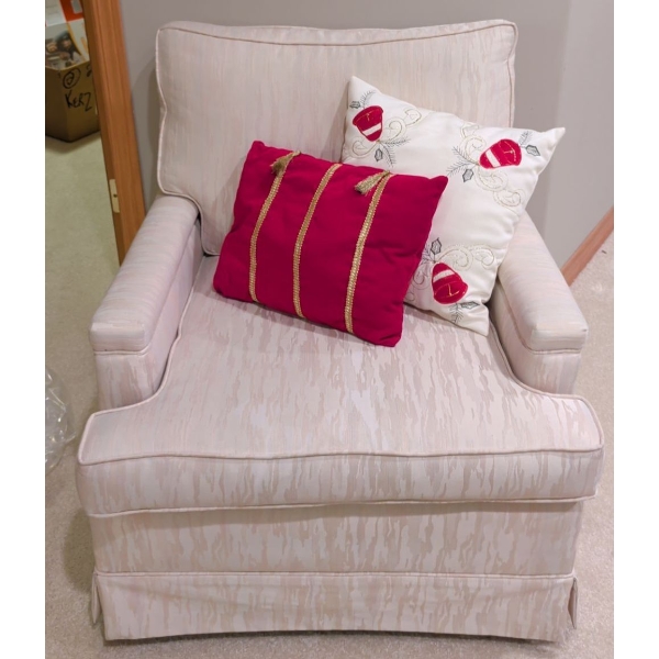 White Upholstered Arm Chair w/ Decorative Holiday Pillows