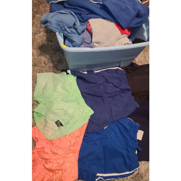 Several Bins of Men's Casual Wear and Socks, Assorted Sizes