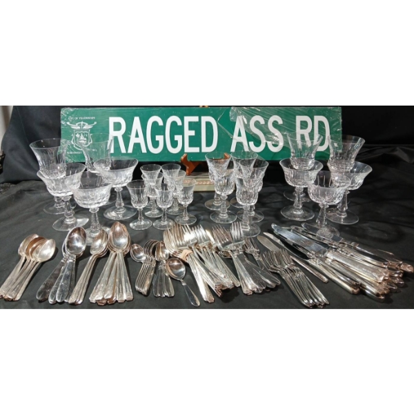 Val St.Lambert Belgium Hand Blown "Glendale" Pattern with  Cutlery, and Street Sign