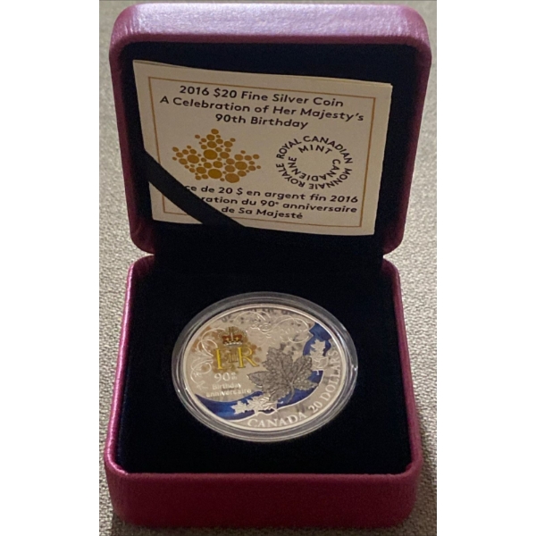 2016 $20 Her Majesty's 90th Birthday Fine Silver Coin 31.39 Grams