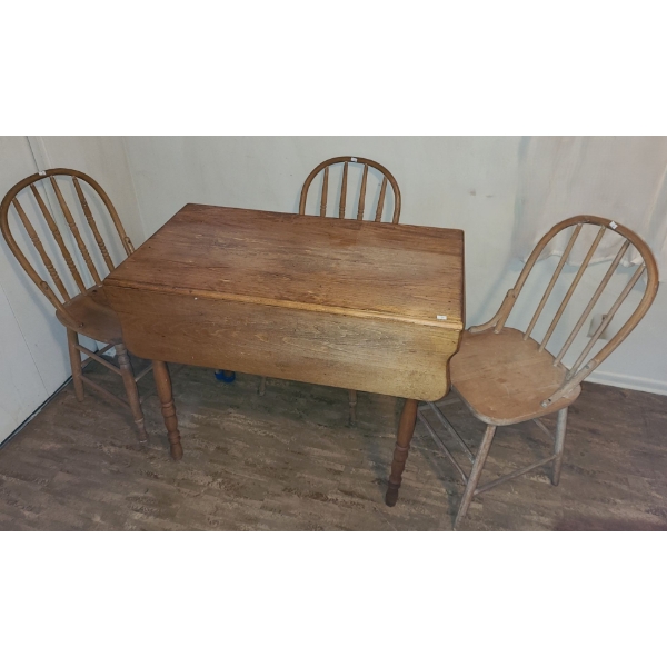 Utility Wooden Table 36 W, 19 D (Closed), 30 T with Folding Sides and 3 Chairs 