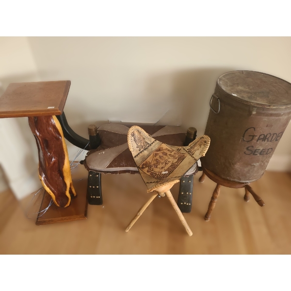 Natural Varnished Wood Stand 10 W, 11 D, 26.5 T, Camel Head Saddle Stool 32 W, 13 D, 31 T and More!
