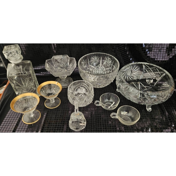 Pressed and Etched Glassware Including Decanter, Bowls, and Cups