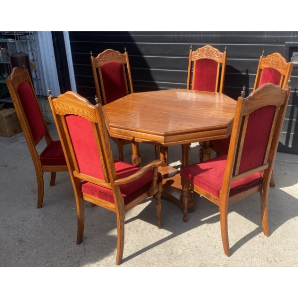 Wooden Dining Table With Six Red Upholstered Chairs