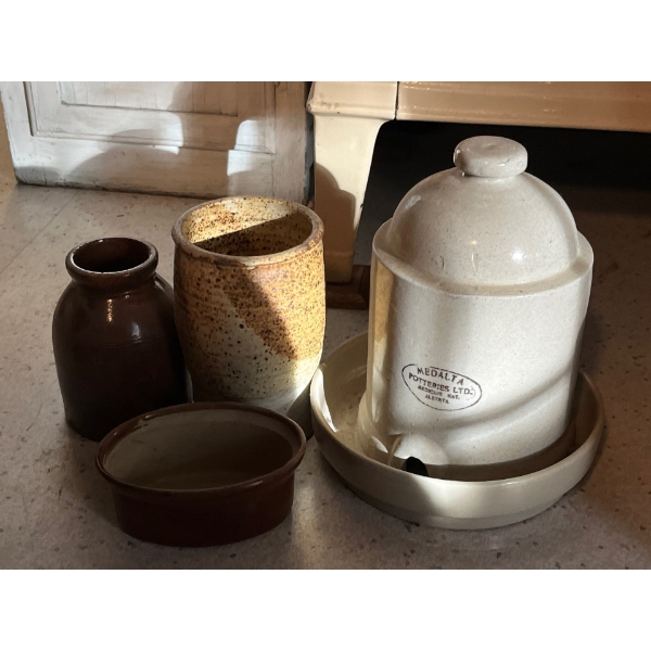 Vintage Medalta Potteries LTD, Medicine Hat, Alberta, Canada Poultry Feeder with 3 other antique pie