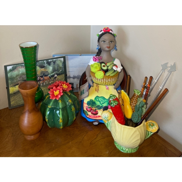 Cute Little Souvenirs from Far & Away  Vintage Vases Cactus Trinket Box & Ethnic Lady Doll 9 tall Pl