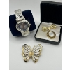 Image 1 : Vintage Mother of Pearl brooch pin, butterfly pendant gold tone, and a Acuci Japan quartz wrist watc