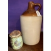 Image 2 : Two-Toned Vintage Stoneware Crock/Whiskey Jug w/Small Pottery Piece  (17"tall)