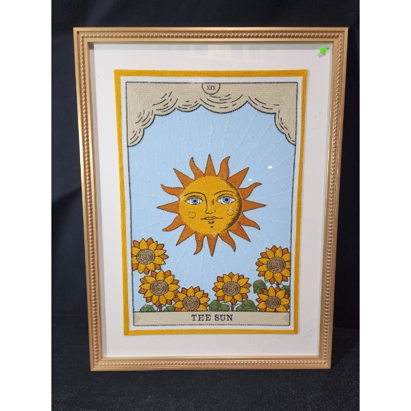 Framed Textile Artwork Depicting The Sun Tarot Design, 24 x 32 Inches